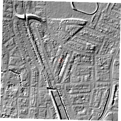 Shaded relief map of the ground around N97JU, computed from Environment Agency LiDAR. The ground here sits at about 15 m above sea level and falls 10 m across the surrounding 800 m. Surface water reaching this point runs off ground lying to the south-south-west, 2.0 m higher.
