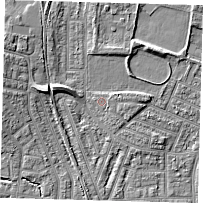 Shaded relief map of the ground around N97NU, computed from Environment Agency LiDAR. The ground here sits at about 16 m above sea level and falls 10 m across the surrounding 800 m. The ground contributing surface water to this point lies to the north-north-east.