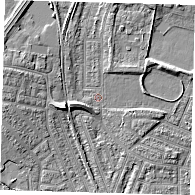 Shaded relief map of the ground around N97NY, computed from Environment Agency LiDAR. The ground here sits at about 16 m above sea level and falls 10 m across the surrounding 800 m. Surface water reaching this point runs off ground lying to the west-south-west, 6.7 m higher.