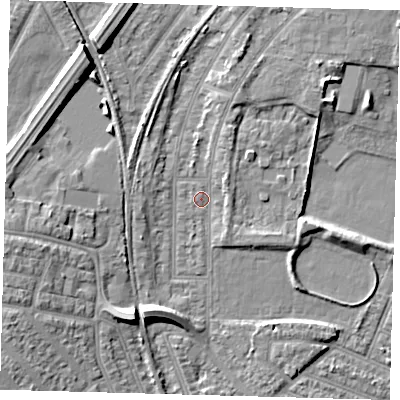 Shaded relief map of the ground around N97PA, computed from Environment Agency LiDAR. The ground here sits at about 17 m above sea level and falls 11 m across the surrounding 800 m. Surface water reaching this point runs off ground lying to the north-north-east, 3.7 m higher.
