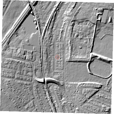 Shaded relief map of the ground around N97PT, computed from Environment Agency LiDAR. The ground here sits at about 17 m above sea level and falls 11 m across the surrounding 800 m. Surface water reaching this point runs off ground lying to the north-west, 2.4 m higher.