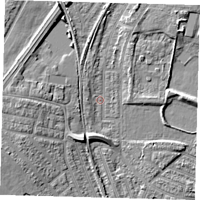 Shaded relief map of the ground around N97PU, computed from Environment Agency LiDAR. The ground here sits at about 17 m above sea level and falls 11 m across the surrounding 800 m. Surface water reaching this point runs off ground lying to the north-north-west, 2.5 m higher.