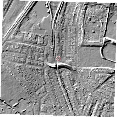 Shaded relief map of the ground around N97PZ, computed from Environment Agency LiDAR. The ground here sits at about 17 m above sea level and falls 10 m across the surrounding 800 m. Surface water reaching this point runs off ground lying to the west-north-west, 6.1 m higher.