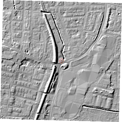 Shaded relief map of the ground around N97SA, computed from Environment Agency LiDAR. The ground here sits at about 14 m above sea level and falls 10 m across the surrounding 800 m. Surface water reaching this point runs off ground lying to the south-west, 6.4 m higher.