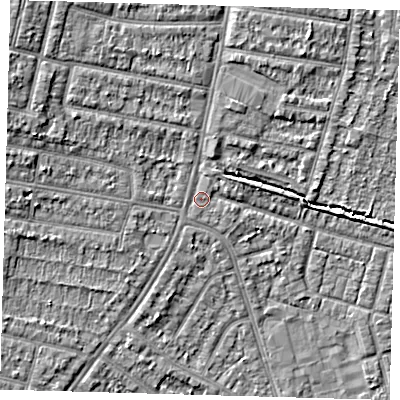 Shaded relief map of the ground around N98AH, computed from Environment Agency LiDAR. The ground here sits at about 14 m above sea level and falls 6 m across the surrounding 800 m. Surface water reaching this point runs off ground lying to the west-north-west, 4.3 m higher.