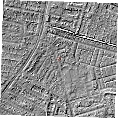 Shaded relief map of the ground around N98AJ, computed from Environment Agency LiDAR. The ground here sits at about 13 m above sea level and falls 5 m across the surrounding 800 m. Surface water reaching this point runs off ground lying to the west-north-west, 1.6 m higher.