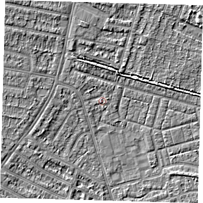 Shaded relief map of the ground around N98AU, computed from Environment Agency LiDAR. The ground here sits at about 14 m above sea level and falls 5 m across the surrounding 800 m. Surface water reaching this point runs off ground lying to the west-north-west, 1.5 m higher.