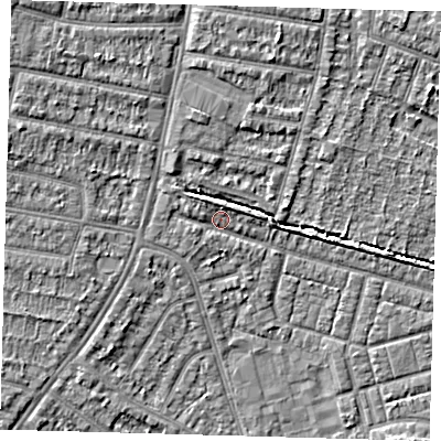 Shaded relief map of the ground around N98BA, computed from Environment Agency LiDAR. The ground here sits at about 14 m above sea level and falls 5 m across the surrounding 800 m. Surface water reaching this point runs off ground lying to the north-west, 3.8 m higher.