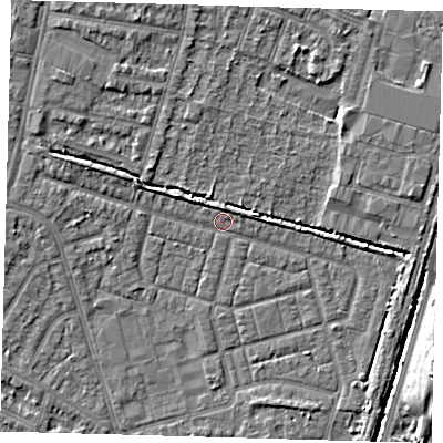 Shaded relief map of the ground around N98BB, computed from Environment Agency LiDAR. The ground here sits at about 13 m above sea level and falls 6 m across the surrounding 800 m. Surface water reaching this point runs off ground lying to the north-west, 2.6 m higher.