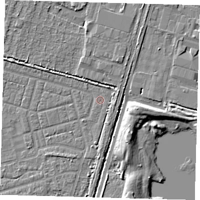 Shaded relief map of the ground around N98BD, computed from Environment Agency LiDAR. The ground here sits at about 13 m above sea level and falls 8 m across the surrounding 800 m. Surface water reaching this point runs off ground lying to the north-north-east, 3.3 m higher.
