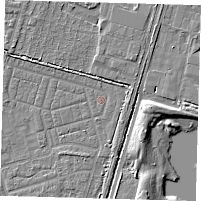 Shaded relief map of the ground around N98BE, computed from Environment Agency LiDAR. The ground here sits at about 13 m above sea level and falls 8 m across the surrounding 800 m. Surface water reaching this point runs off ground lying to the north-east, 3.3 m higher.