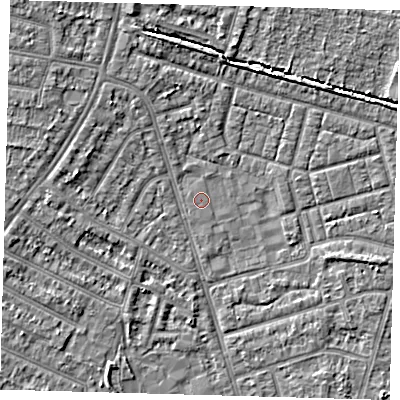 Shaded relief map of the ground around N98BF, computed from Environment Agency LiDAR. The ground here sits at about 13 m above sea level and falls 4 m across the surrounding 800 m. The ground contributing surface water to this point lies to the south-south-east.