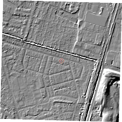 Shaded relief map of the ground around N98BG, computed from Environment Agency LiDAR. The ground here sits at about 13 m above sea level and falls 8 m across the surrounding 800 m. Surface water reaching this point runs off ground lying to the north-west, 1.6 m higher.