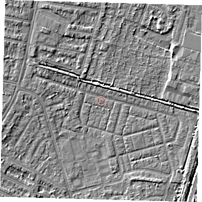 Shaded relief map of the ground around N98BH, computed from Environment Agency LiDAR. The ground here sits at about 13 m above sea level and falls 5 m across the surrounding 800 m. Surface water reaching this point runs off ground lying to the north-north-east, 2.6 m higher.