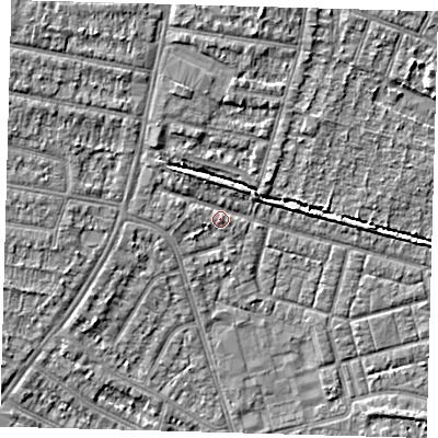 Shaded relief map of the ground around N98BJ, computed from Environment Agency LiDAR. The ground here sits at about 14 m above sea level and falls 5 m across the surrounding 800 m. Surface water reaching this point runs off ground lying to the north-west, 3.6 m higher.