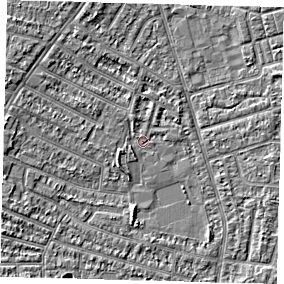 Shaded relief map of the ground around N98BT, computed from Environment Agency LiDAR. The ground here sits at about 12 m above sea level and falls 5 m across the surrounding 800 m. Surface water reaching this point runs off ground lying to the north-west, 3.4 m higher.