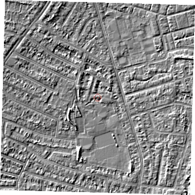 Shaded relief map of the ground around N98DA, computed from Environment Agency LiDAR. The ground here sits at about 12 m above sea level and falls 4 m across the surrounding 800 m. Surface water reaching this point runs off ground lying to the north-east, 1.3 m higher.