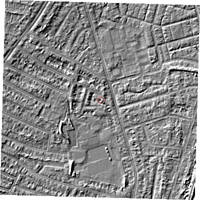 Shaded relief map of the ground around N98DD, computed from Environment Agency LiDAR. The ground here sits at about 13 m above sea level and falls 4 m across the surrounding 800 m. Surface water reaching this point runs off ground lying to the south-east, 1.2 m higher.
