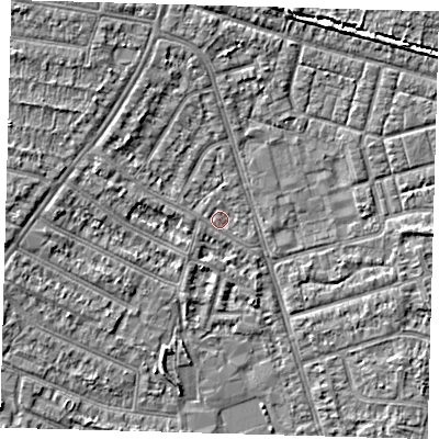 Shaded relief map of the ground around N98DN, computed from Environment Agency LiDAR. The ground here sits at about 13 m above sea level and falls 4 m across the surrounding 800 m. Surface water reaching this point runs off ground lying to the west-north-west, 1.2 m higher.