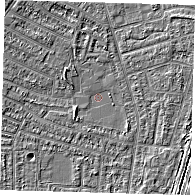 Shaded relief map of the ground around N98DQ, computed from Environment Agency LiDAR. The ground here sits at about 12 m above sea level and falls 4 m across the surrounding 800 m. Surface water reaching this point runs off ground lying to the west-south-west, 2.5 m higher.