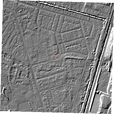 Shaded relief map of the ground around N98DR, computed from Environment Agency LiDAR. The ground here sits at about 13 m above sea level and falls 7 m across the surrounding 800 m. Surface water reaching this point runs off ground lying to the east, 0.9 m higher.
