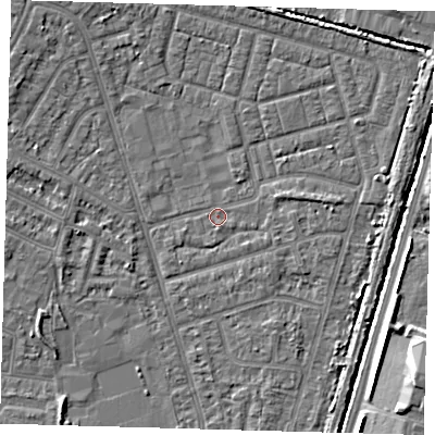 Shaded relief map of the ground around N98DS, computed from Environment Agency LiDAR. The ground here sits at about 13 m above sea level and falls 7 m across the surrounding 800 m. Surface water reaching this point runs off ground lying to the north-north-east, 0.8 m higher.