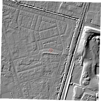 Shaded relief map of the ground around N98DT, computed from Environment Agency LiDAR. The ground here sits at about 13 m above sea level and falls 10 m across the surrounding 800 m. Surface water reaching this point runs off ground lying to the south-south-west, 1.2 m higher.