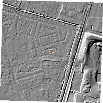 Shaded relief map of the ground around N98DU, computed from Environment Agency LiDAR. The ground here sits at about 13 m above sea level and falls 10 m across the surrounding 800 m. Surface water reaching this point runs off ground lying to the east-north-east, 2.1 m higher.