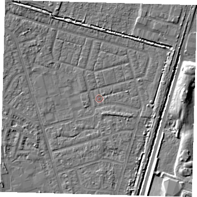 Shaded relief map of the ground around N98DX, computed from Environment Agency LiDAR. The ground here sits at about 13 m above sea level and falls 7 m across the surrounding 800 m. Surface water reaching this point runs off ground lying to the east-north-east, 2.1 m higher.