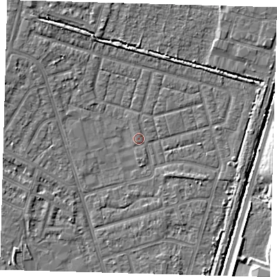 Shaded relief map of the ground around N98DY, computed from Environment Agency LiDAR. The ground here sits at about 13 m above sea level and falls 6 m across the surrounding 800 m. Surface water reaching this point runs off ground lying to the north, 3.8 m higher.