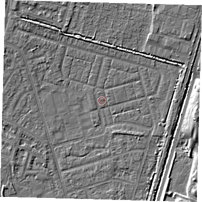 Shaded relief map of the ground around N98EA, computed from Environment Agency LiDAR. The ground here sits at about 13 m above sea level and falls 7 m across the surrounding 800 m. Surface water reaching this point runs off ground lying to the north, 0.6 m higher.