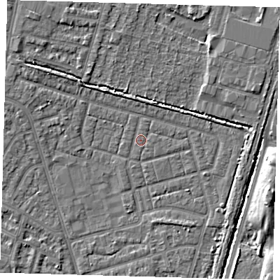 Shaded relief map of the ground around N98EB, computed from Environment Agency LiDAR. The ground here sits at about 13 m above sea level and falls 7 m across the surrounding 800 m. The ground contributing surface water to this point lies to the north-north-east.