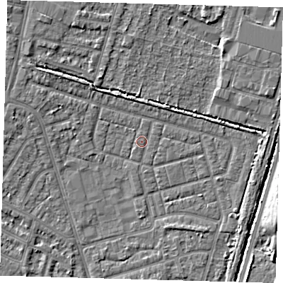Shaded relief map of the ground around N98ED, computed from Environment Agency LiDAR. The ground here sits at about 13 m above sea level and falls 5 m across the surrounding 800 m. Surface water reaching this point runs off ground lying to the north-north-west, 2.7 m higher.