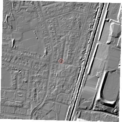 Shaded relief map of the ground around N98EG, computed from Environment Agency LiDAR. The ground here sits at about 12 m above sea level and falls 9 m across the surrounding 800 m. Surface water reaching this point runs off ground lying to the north-east, 3.3 m higher.