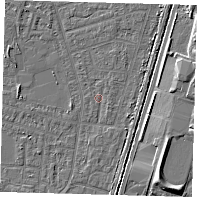 Shaded relief map of the ground around N98EH, computed from Environment Agency LiDAR. The ground here sits at about 12 m above sea level and falls 9 m across the surrounding 800 m. Surface water reaching this point runs off ground lying to the east-north-east, 1.2 m higher.