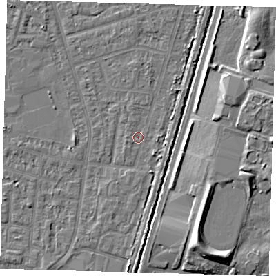 Shaded relief map of the ground around N98EJ, computed from Environment Agency LiDAR. The ground here sits at about 12 m above sea level and falls 9 m across the surrounding 800 m. Surface water reaching this point runs off ground lying to the west, 0.8 m higher.
