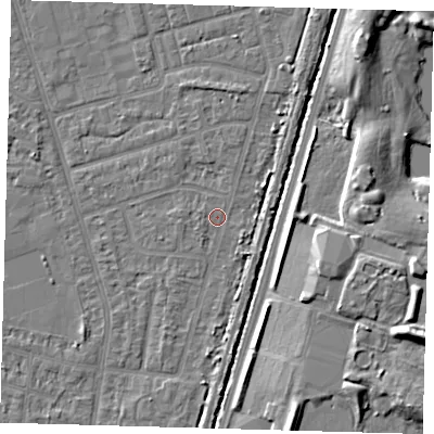 Shaded relief map of the ground around N98EL, computed from Environment Agency LiDAR. The ground here sits at about 13 m above sea level and falls 11 m across the surrounding 800 m. Surface water reaching this point runs off ground lying to the north, 1.3 m higher.