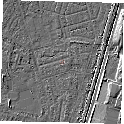 Shaded relief map of the ground around N98EP, computed from Environment Agency LiDAR. The ground here sits at about 13 m above sea level and falls 7 m across the surrounding 800 m. Surface water reaching this point runs off ground lying to the east, 0.9 m higher.