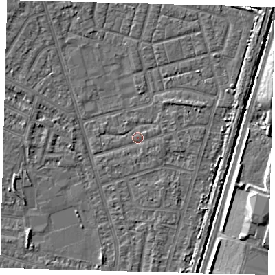 Shaded relief map of the ground around N98ES, computed from Environment Agency LiDAR. The ground here sits at about 13 m above sea level and falls 7 m across the surrounding 800 m. Surface water reaching this point runs off ground lying to the east-south-east, 1.0 m higher.