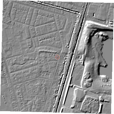 Shaded relief map of the ground around N98EU, computed from Environment Agency LiDAR. The ground here sits at about 13 m above sea level and falls 10 m across the surrounding 800 m. Surface water reaching this point runs off ground lying to the south-south-west, 0.7 m higher.
