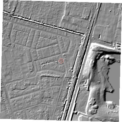 Shaded relief map of the ground around N98EX, computed from Environment Agency LiDAR. The ground here sits at about 13 m above sea level and falls 8 m across the surrounding 800 m. Surface water reaching this point runs off ground lying to the north-east, 2.1 m higher.