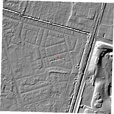 Shaded relief map of the ground around N98EY, computed from Environment Agency LiDAR. The ground here sits at about 13 m above sea level and falls 8 m across the surrounding 800 m. Surface water reaching this point runs off ground lying to the north-east, 3.3 m higher.