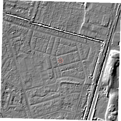 Shaded relief map of the ground around N98HA, computed from Environment Agency LiDAR. The ground here sits at about 13 m above sea level and falls 8 m across the surrounding 800 m. Surface water reaching this point runs off ground lying to the north-north-west, 0.6 m higher.