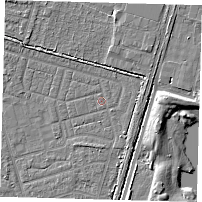 Shaded relief map of the ground around N98HB, computed from Environment Agency LiDAR. The ground here sits at about 13 m above sea level and falls 8 m across the surrounding 800 m. Surface water reaching this point runs off ground lying to the north-north-west, 2.0 m higher.