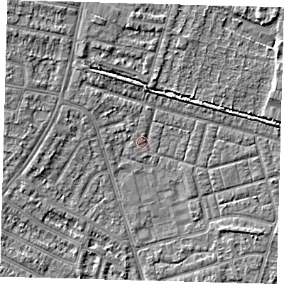 Shaded relief map of the ground around N98HD, computed from Environment Agency LiDAR. The ground here sits at about 13 m above sea level and falls 5 m across the surrounding 800 m. Surface water reaching this point runs off ground lying to the north, 0.9 m higher.
