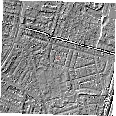Shaded relief map of the ground around N98HE, computed from Environment Agency LiDAR. The ground here sits at about 13 m above sea level and falls 4 m across the surrounding 800 m. Surface water reaching this point runs off ground lying to the north-west, 2.9 m higher.