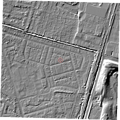 Shaded relief map of the ground around N98HG, computed from Environment Agency LiDAR. The ground here sits at about 13 m above sea level and falls 8 m across the surrounding 800 m. Surface water reaching this point runs off ground lying to the south-east, 0.5 m higher.