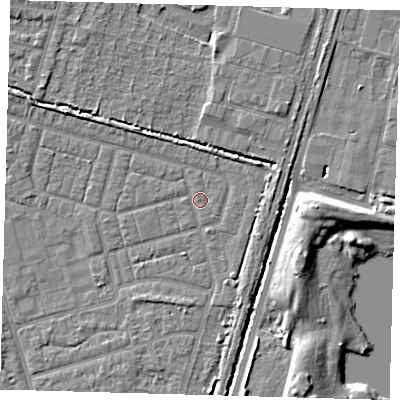 Shaded relief map of the ground around N98HH, computed from Environment Agency LiDAR. The ground here sits at about 13 m above sea level and falls 8 m across the surrounding 800 m. The ground contributing surface water to this point lies to the north.