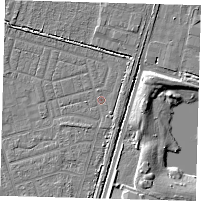 Shaded relief map of the ground around N98HJ, computed from Environment Agency LiDAR. The ground here sits at about 13 m above sea level and falls 8 m across the surrounding 800 m. Surface water reaching this point runs off ground lying to the north-east, 2.1 m higher.