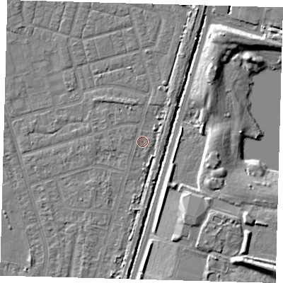 Shaded relief map of the ground around N98HL, computed from Environment Agency LiDAR. The ground here sits at about 13 m above sea level and falls 12 m across the surrounding 800 m. Surface water reaching this point runs off ground lying to the south-west, 0.6 m higher.